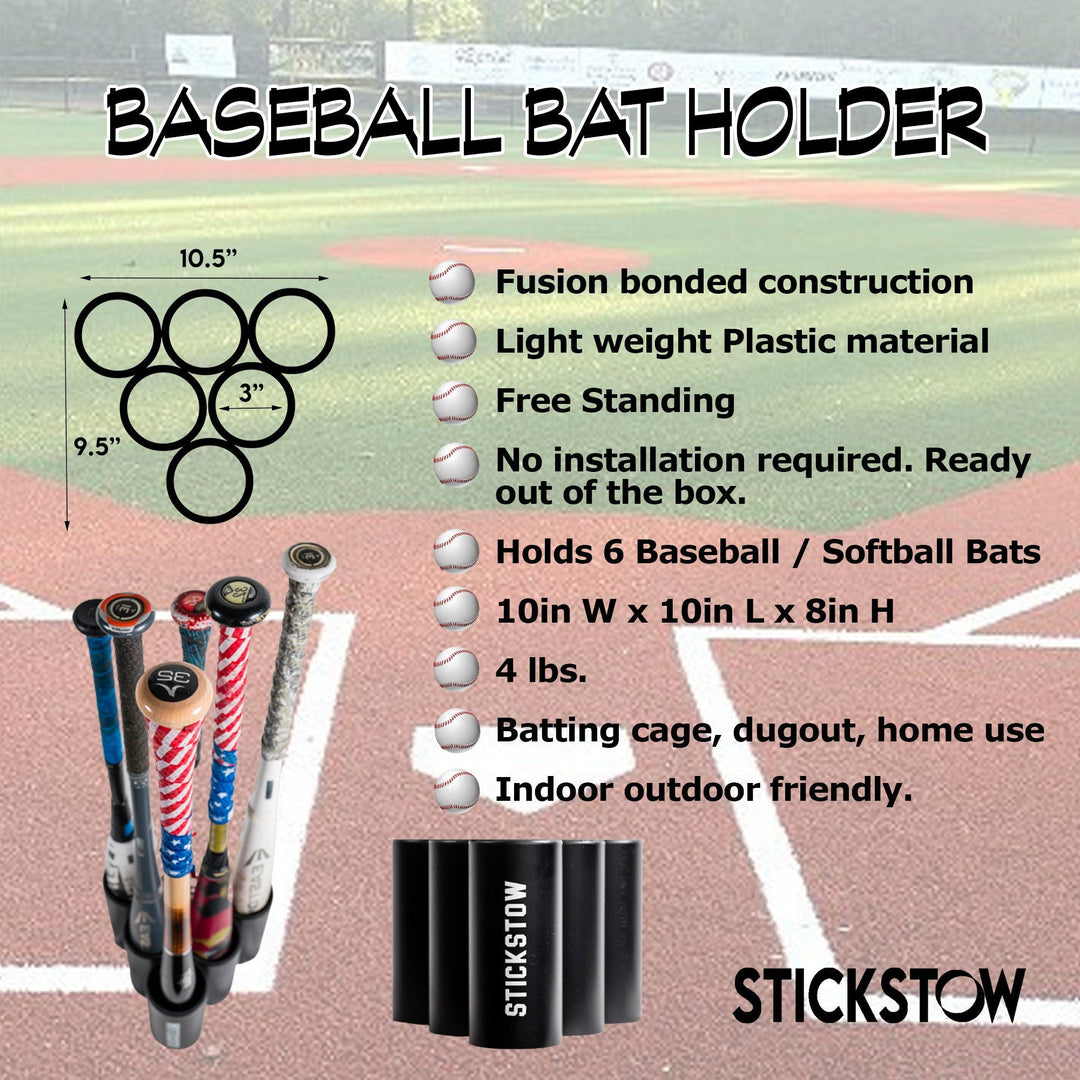 BatStow: Baseball, Softball 6 Bat Organizer Free - Standing Display Anywhere - Stickstow