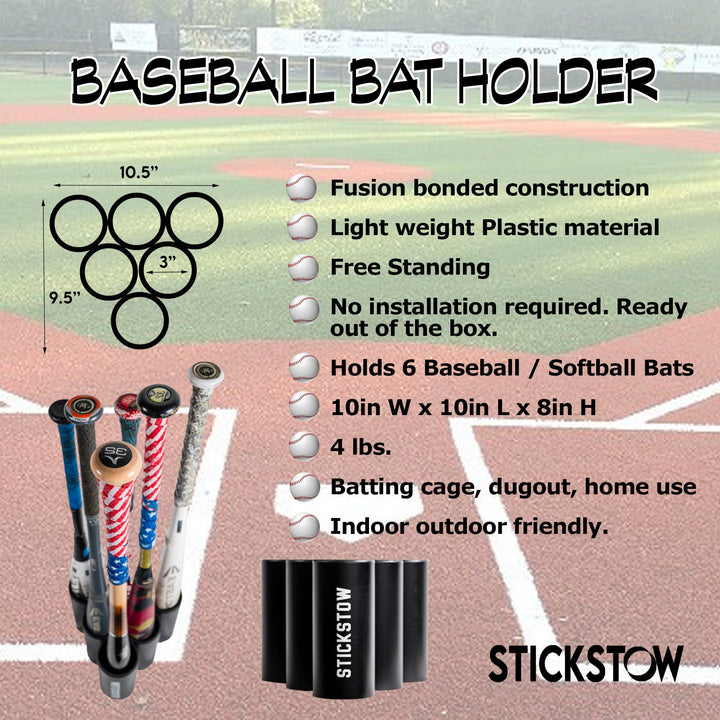 BatStow: Baseball, Softball 6 Bat Organizer Free - Standing Display Anywhere - Stickstow